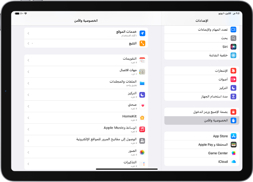 شاشة الخصوصية والأمن.