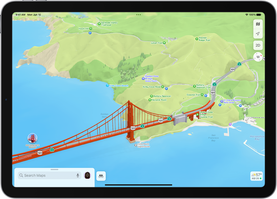 A 3D map in the Maps app, showing a bridge and a park.