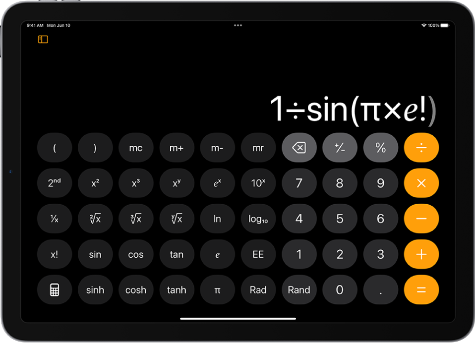 iPad showing the scientific calculator with memory, exponential, logarithmic, and trigonometric functions.