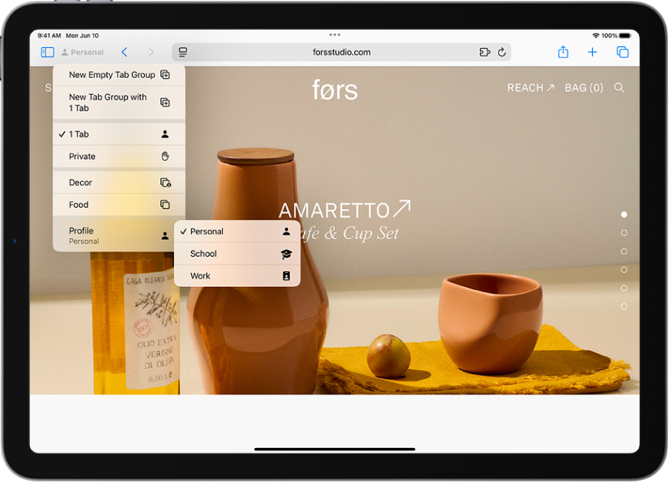 In Safari, the Tab Group menu is open. At the bottom of the menu, Profile is selected, and a menu shows the options Personal, School, and Work.