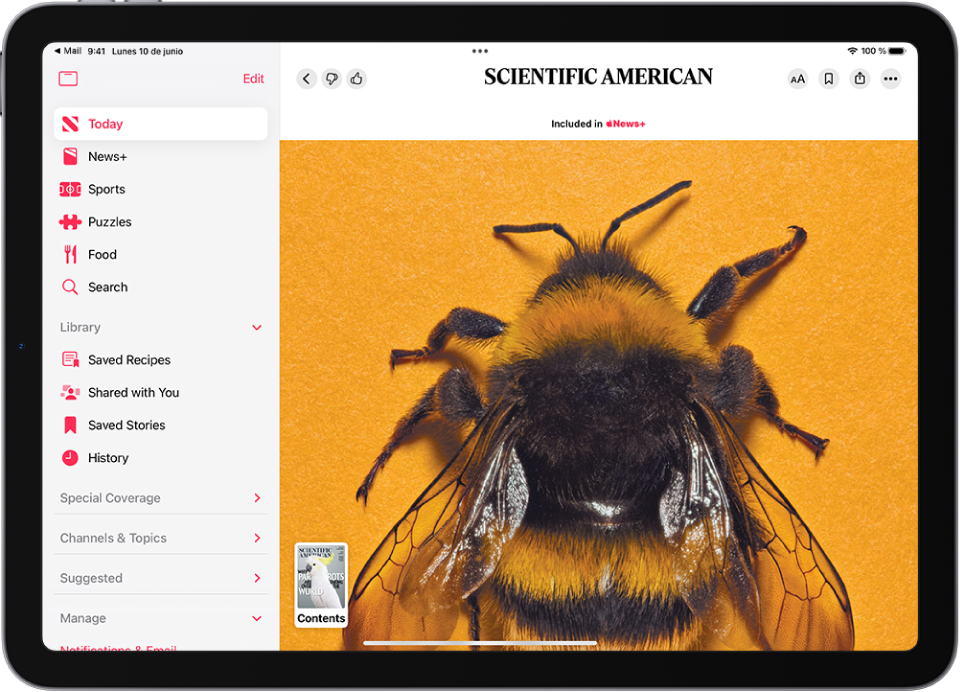 Artículo de revista de Apple News+ con una imagen en miniatura de la revista en la esquina inferior izquierda. La barra lateral está a la izquierda con la fuente Today resaltada.