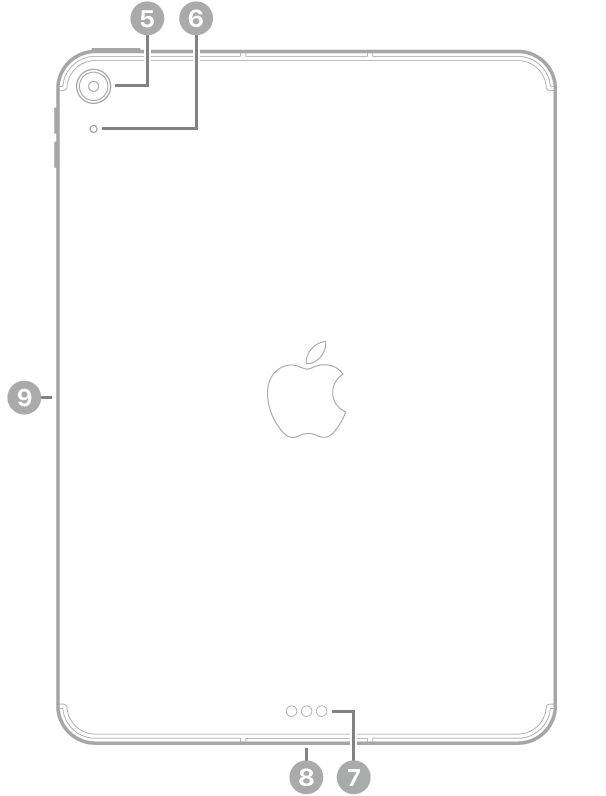 Vista posterior del iPad Air de 11 pulgadas (M3) con textos sobre la cámara trasera en la parte superior izquierda, el Smart Connector y el conector USB-C en la parte inferior central, la bandeja de la tarjeta SIM (Wi-Fi + Cellular) abajo a la izquierda y el conector magnético para el Apple Pencil a la izquierda.
