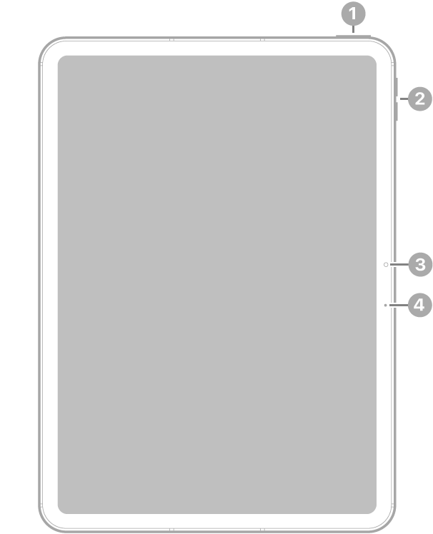 Vista frontal del iPad Air de 11 pulgadas (M3) con textos sobre el botón superior y el Touch ID en la parte superior derecha, los botones de volumen cerca de la parte superior derecha, la cámara frontal en el centro y el micrófono a la derecha.