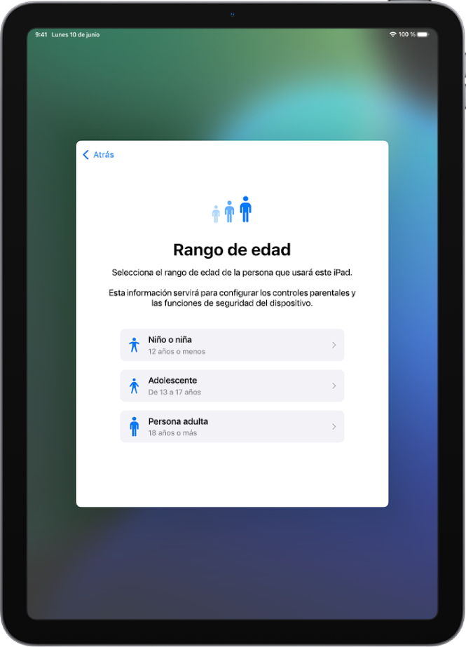 Pantalla de configuración del rango de edad. En una lista aparecen tres rangos de edad: “Niño o niña” (12 años o menos), Adolescente (entre 13 y 17) y Adulto (18 años o más).