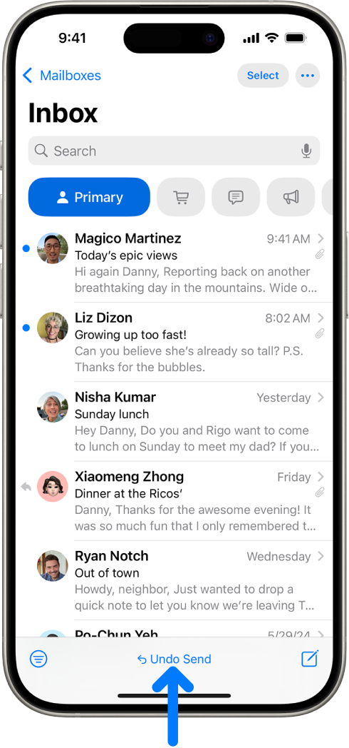 The Inbox, showing a list of messages. The Undo Send button (for pulling back a recently sent message) is in the center of the bottom of the screen.