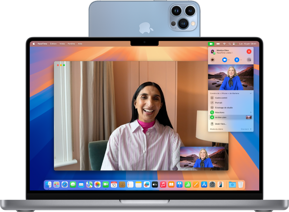 Un MacBook Pro utilisant un iPhone comme webcam et affichant une conversation FaceTime.