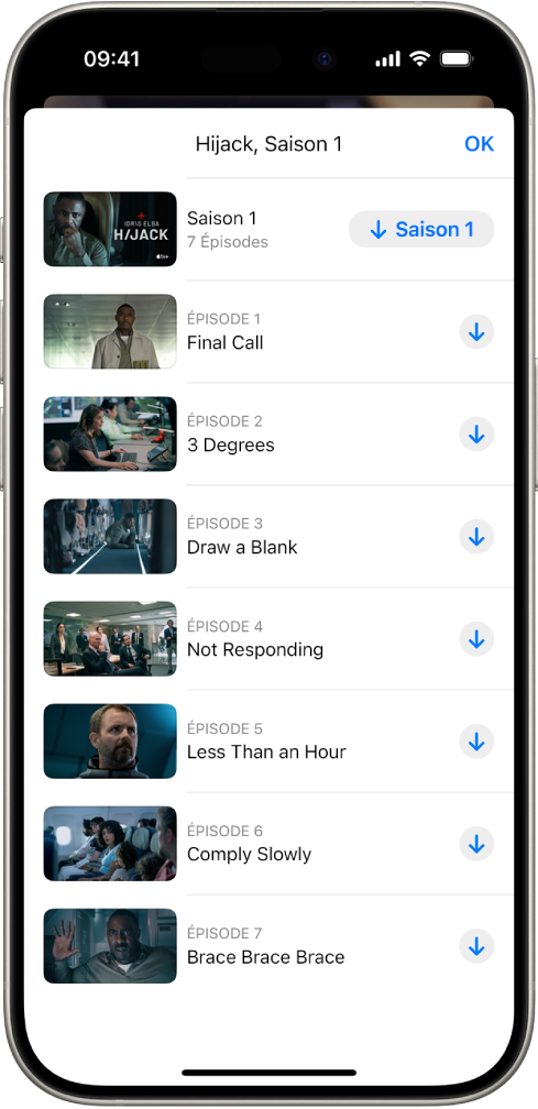 L’onglet Apple TV+ affichant une liste d’épisodes d’une création Apple Original. Les boutons permettant de télécharger toute la saison et chaque épisode apparaissent sur la droite de l’écran.