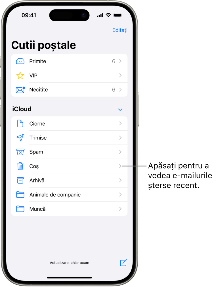 Ecranul Cutii poștale. Sub iCloud, cutiile poștale sunt listate de sus în jos, inclusiv cutia poștală Coș. Apăsați pe aceasta pentru a vedea mesajele șterse recent.